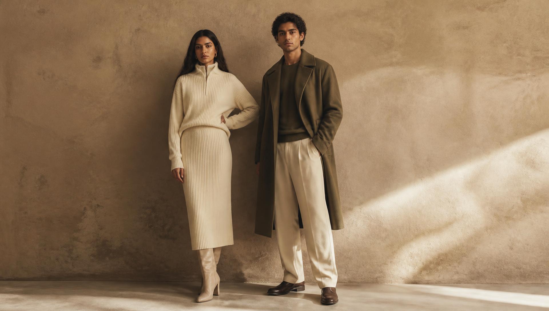 Two models wearing Trendy Apparel knitwear and tailoring against a warm sand wall